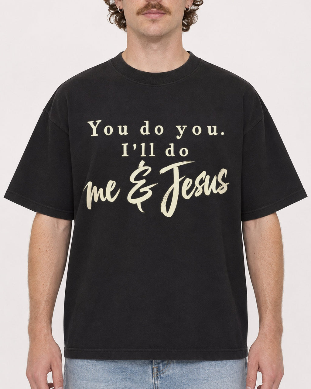 Mockup Boxy Heavyweight Tee Black male close-up 09