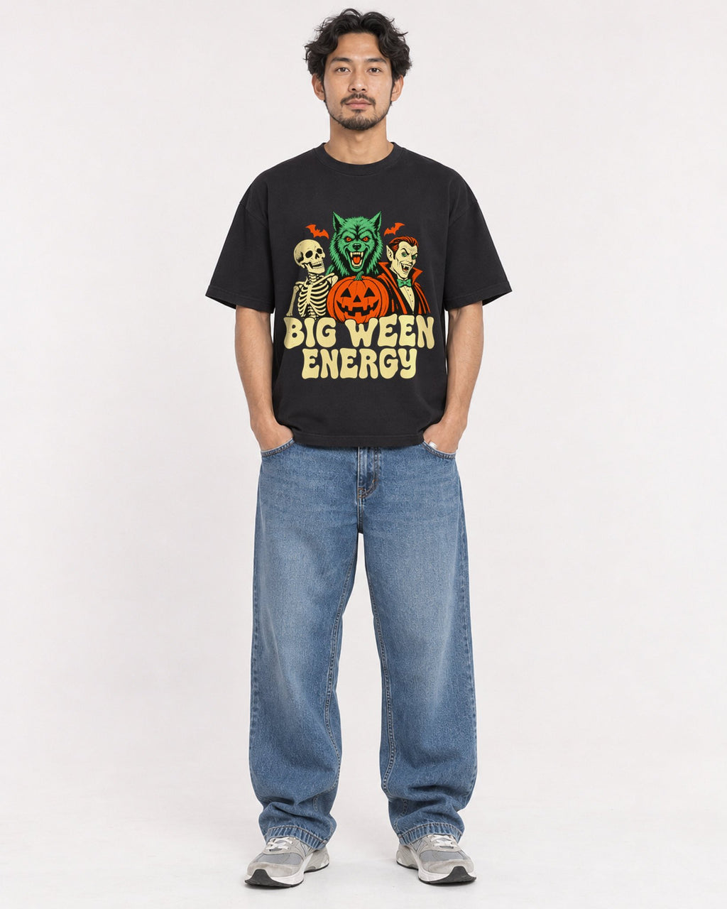 Mockup Boxy Heavyweight Tee Black male full-body 02