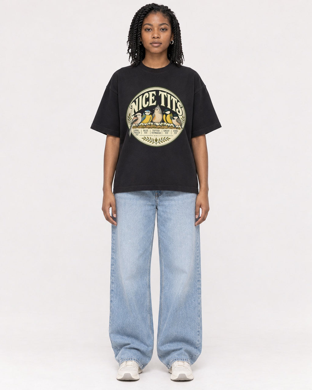 Mockup Boxy Heavyweight Tee Black female full-body 15