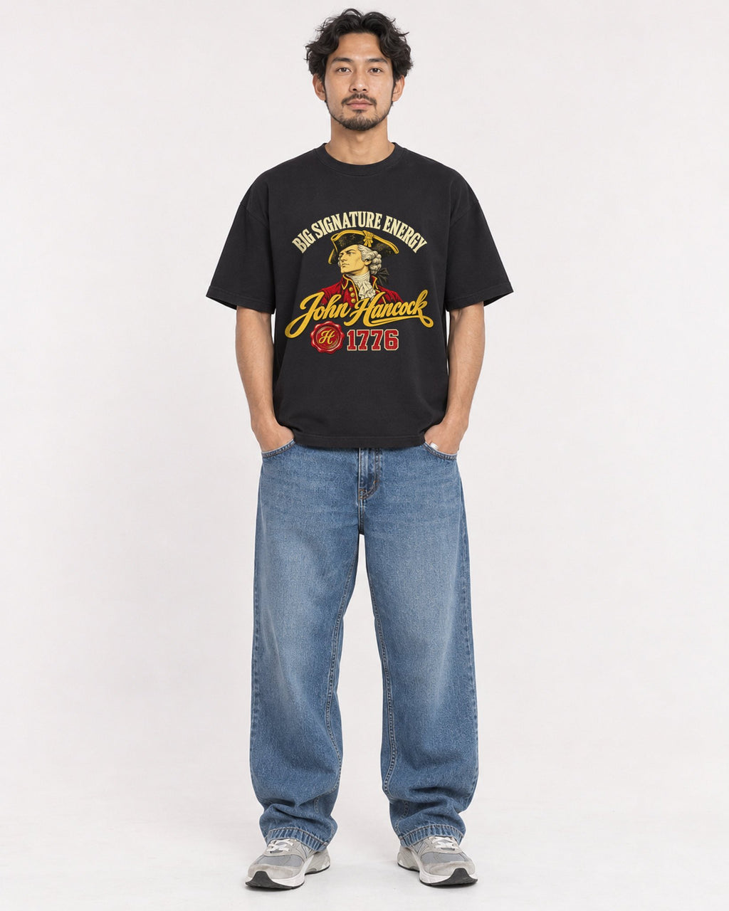 Mockup Boxy Heavyweight Tee Black male full-body 02