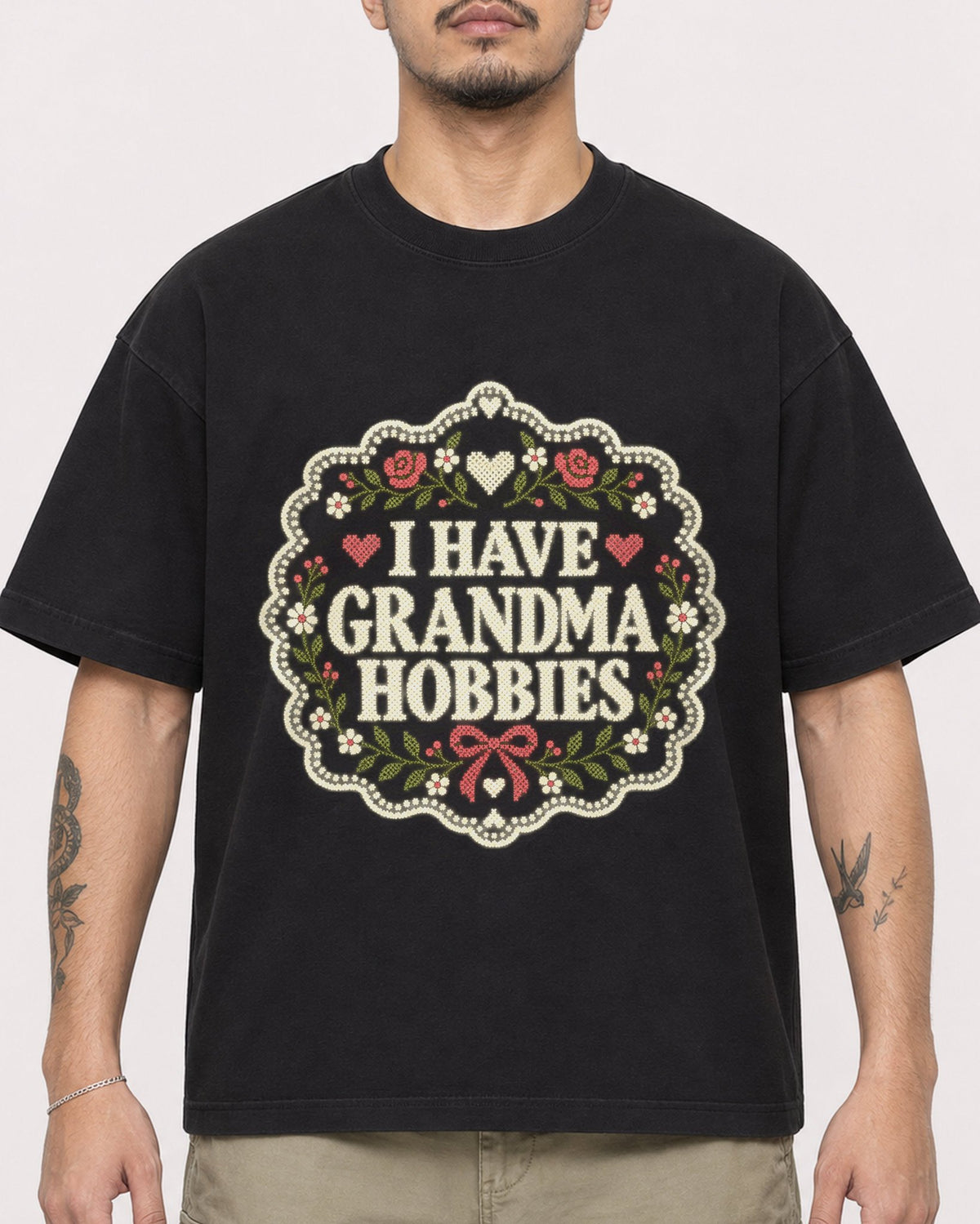 Mockup Boxy Heavyweight Tee Black male close-up 12
