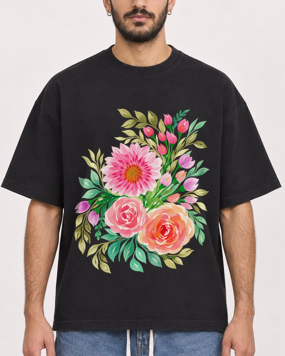 Mockup Boxy Heavyweight Tee Black male close-up 07