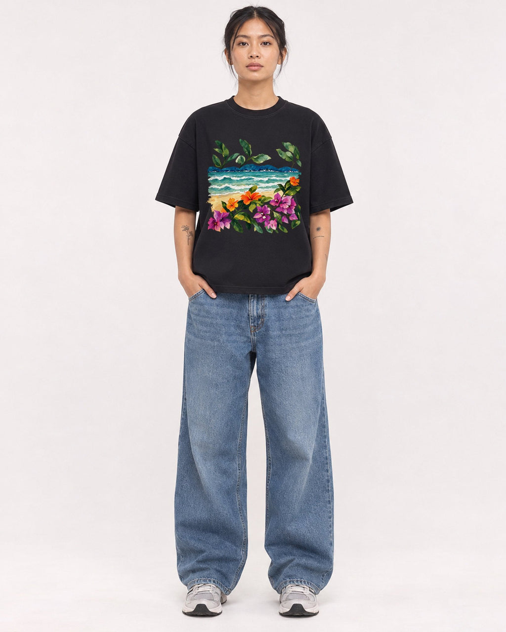 Mockup Boxy Heavyweight Tee Black female full-body 12