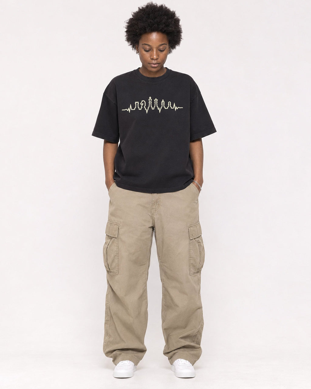 Mockup Boxy Heavyweight Tee Black female full-body 14