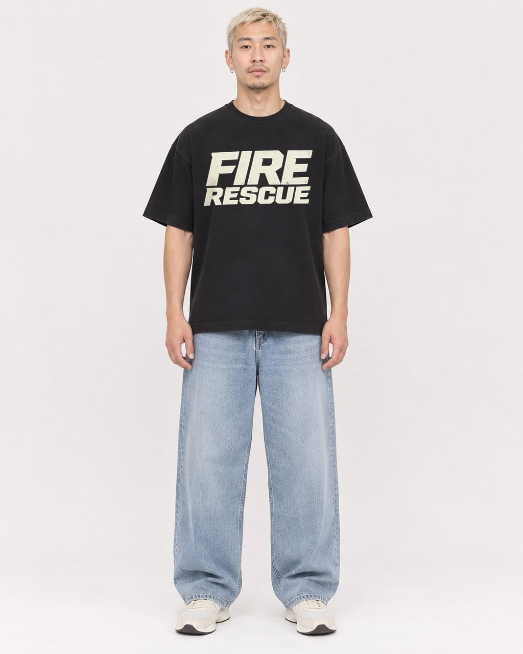 Mockup Boxy Heavyweight Tee Black male full-body 33