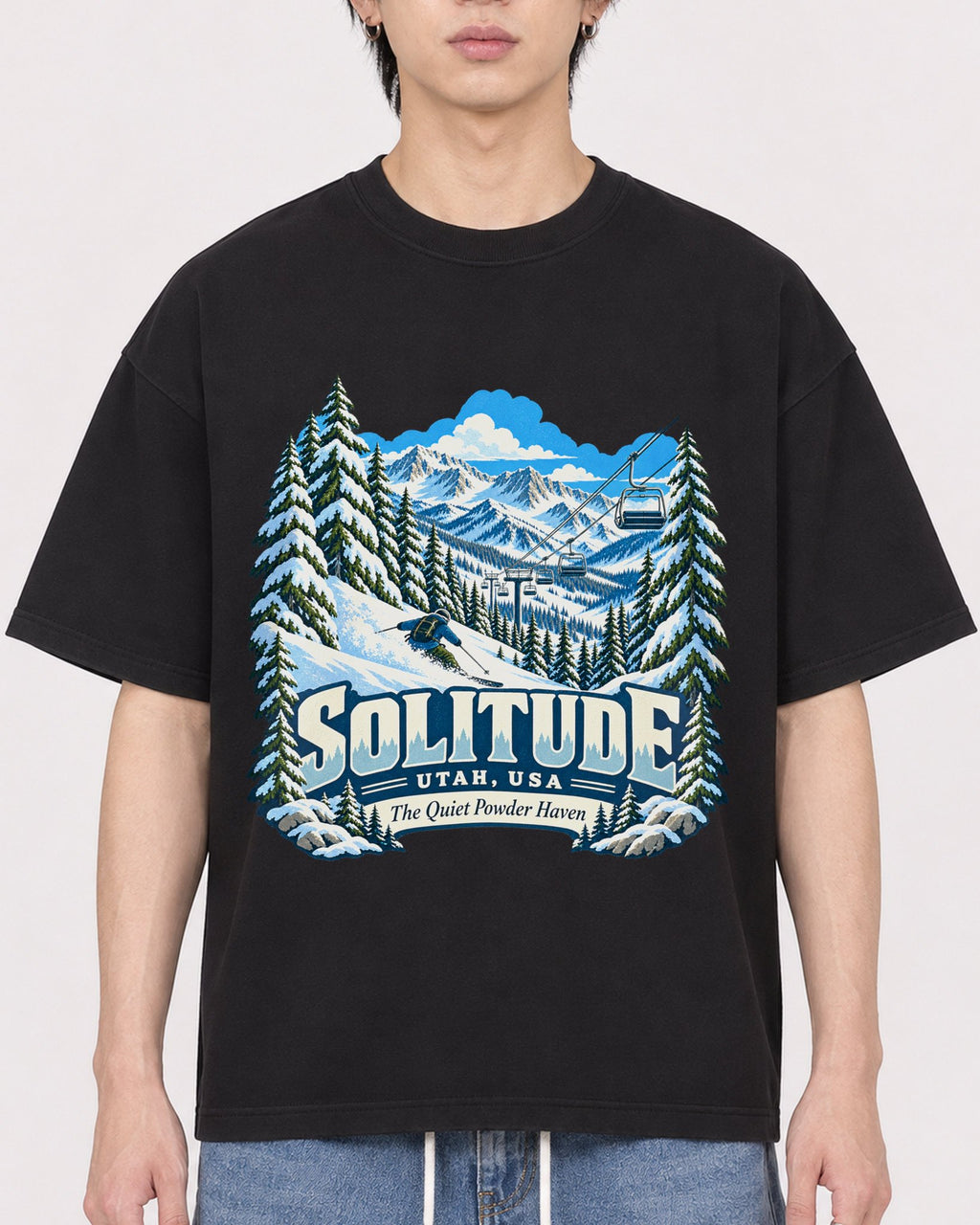 Mockup Boxy Heavyweight Tee Black male close-up 11