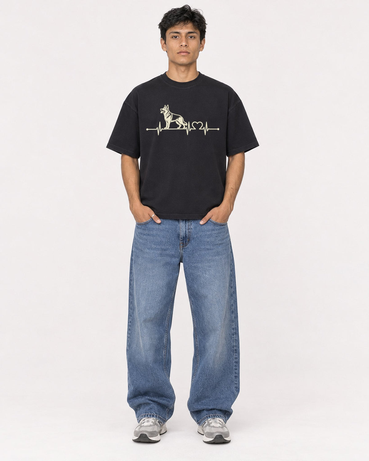 Mockup Boxy Heavyweight Tee Black male full-body 46