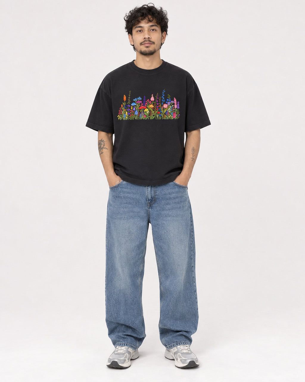 Mockup Boxy Heavyweight Tee Black male full-body 42
