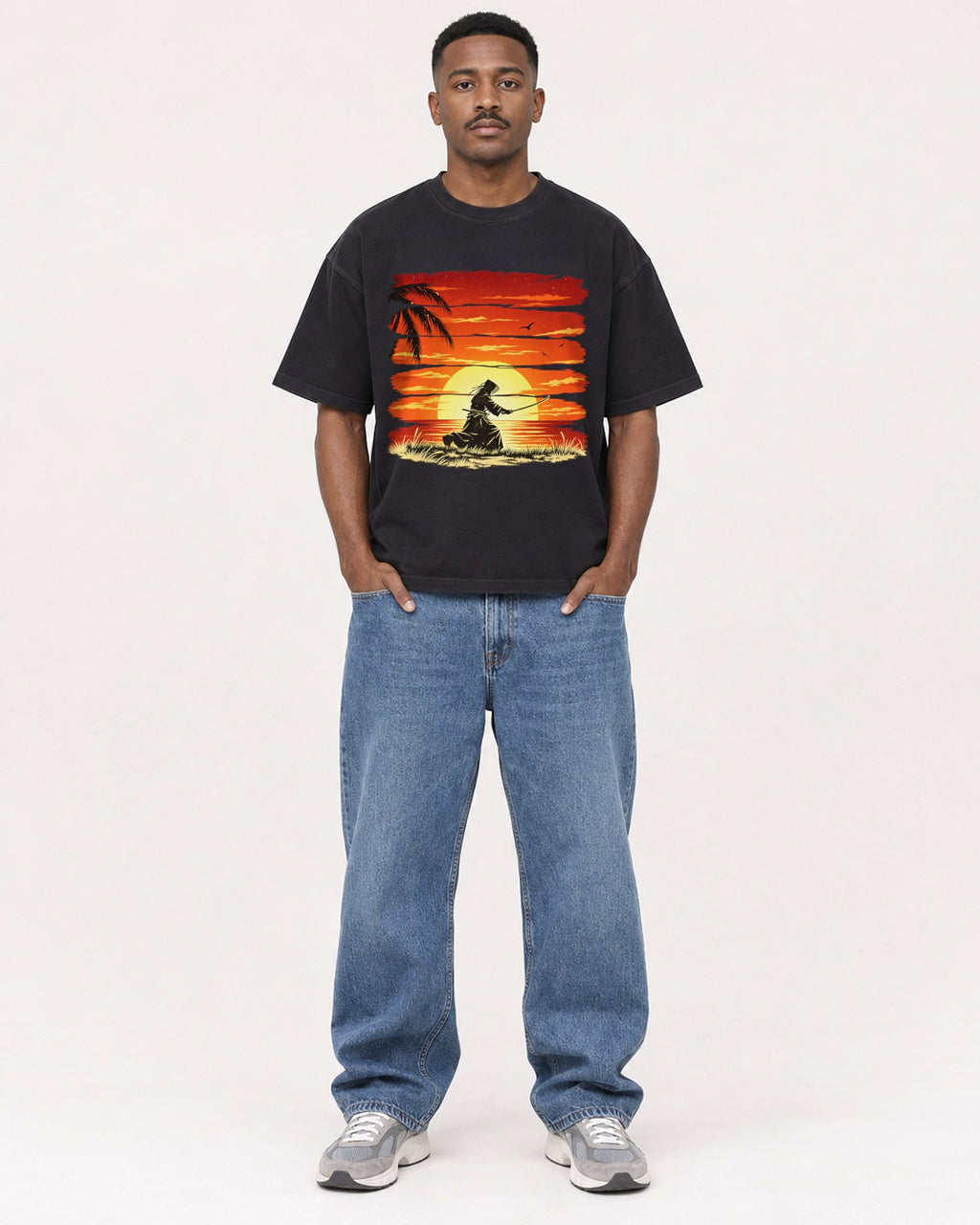 Mockup Boxy Heavyweight Tee Black male full-body 14