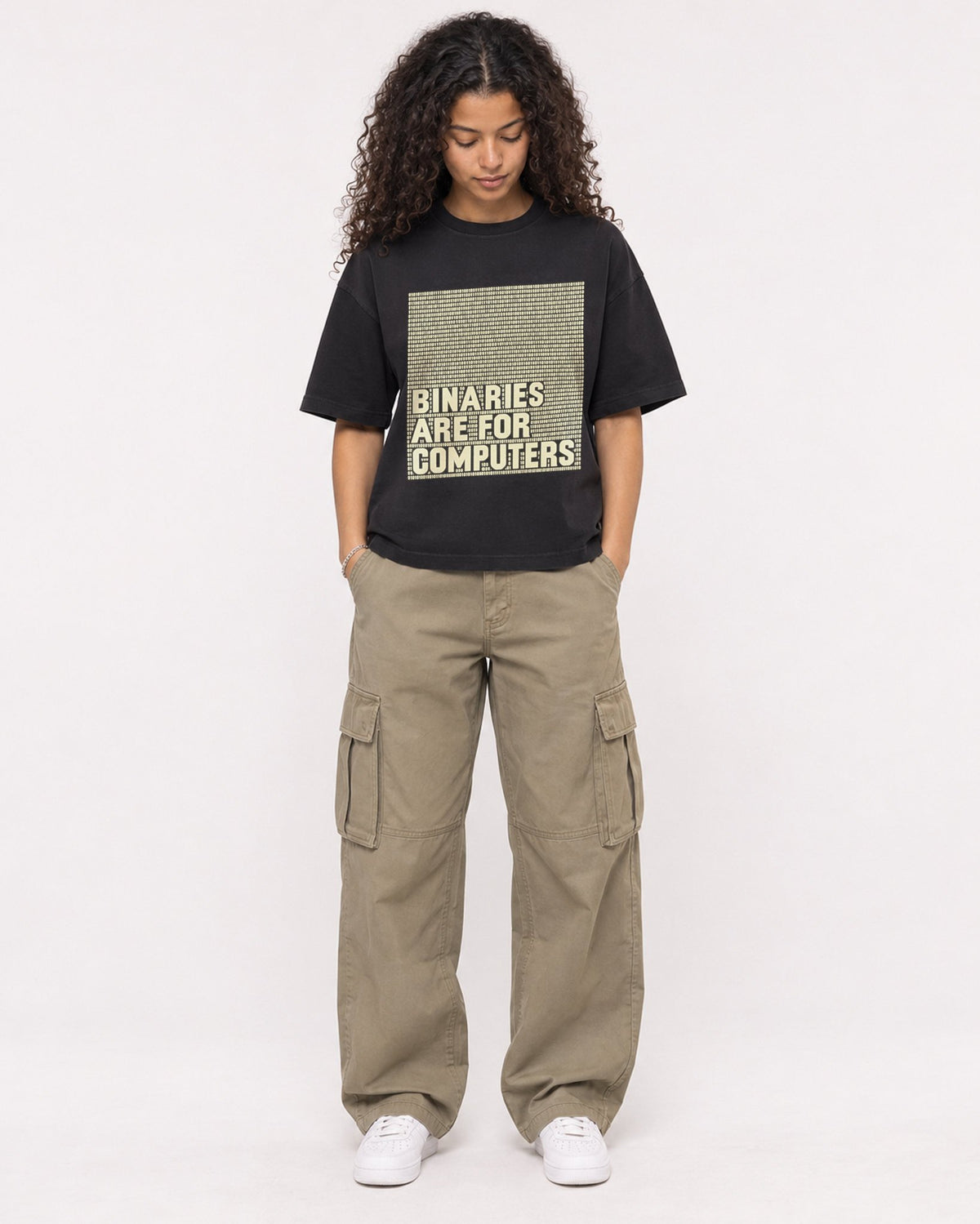 Mockup Boxy Heavyweight Tee Black female full-body 10