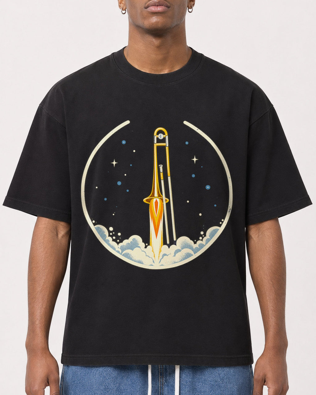 Mockup Boxy Heavyweight Tee Black male close-up 15