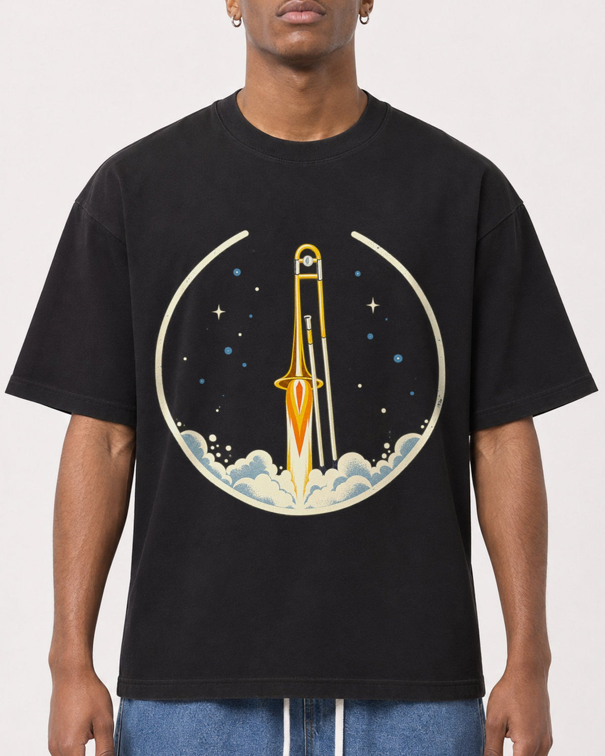 Mockup Boxy Heavyweight Tee Black male close-up 15