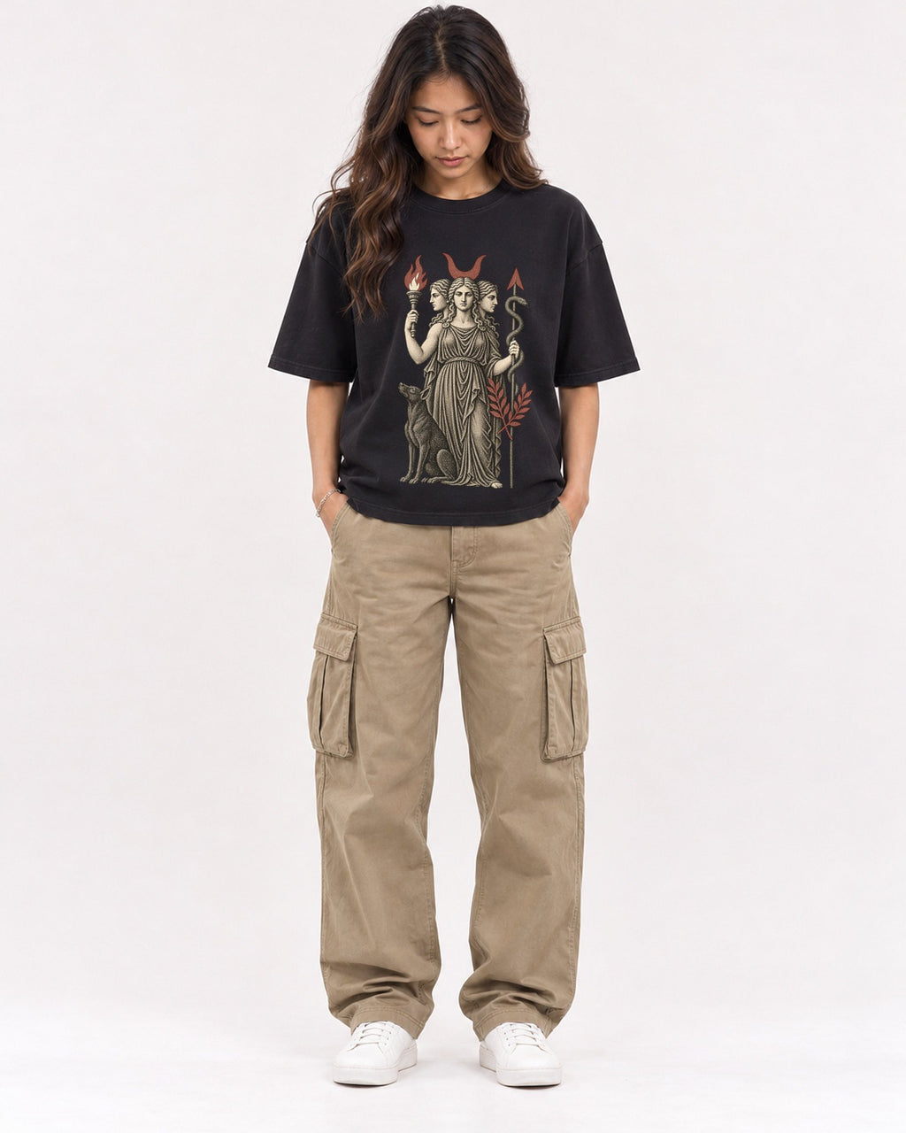 Mockup Boxy Heavyweight Tee Black female full-body 02