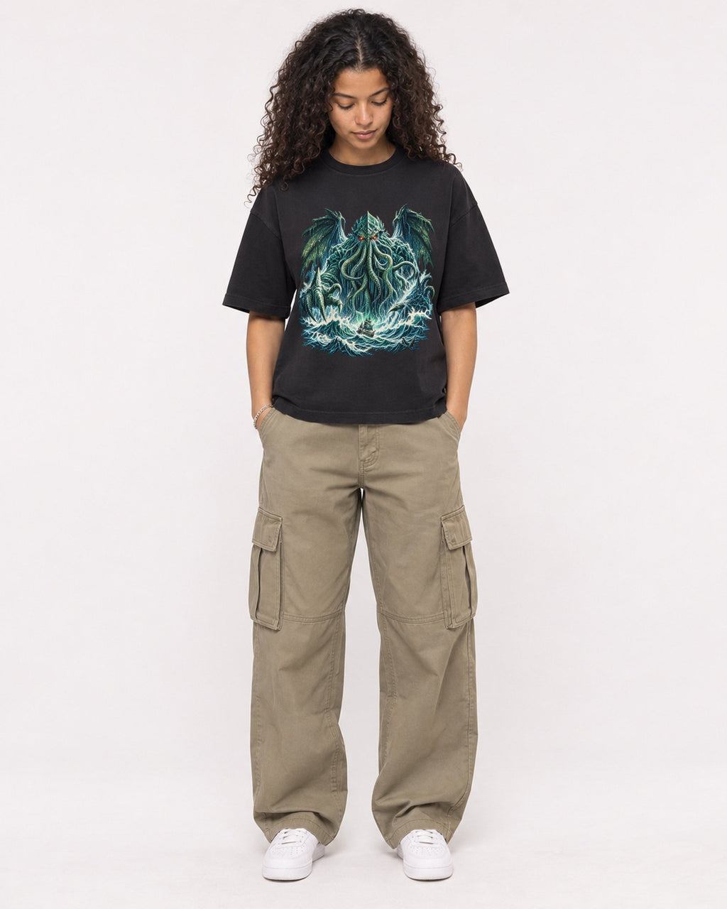 Mockup Boxy Heavyweight Tee Black female full-body 10