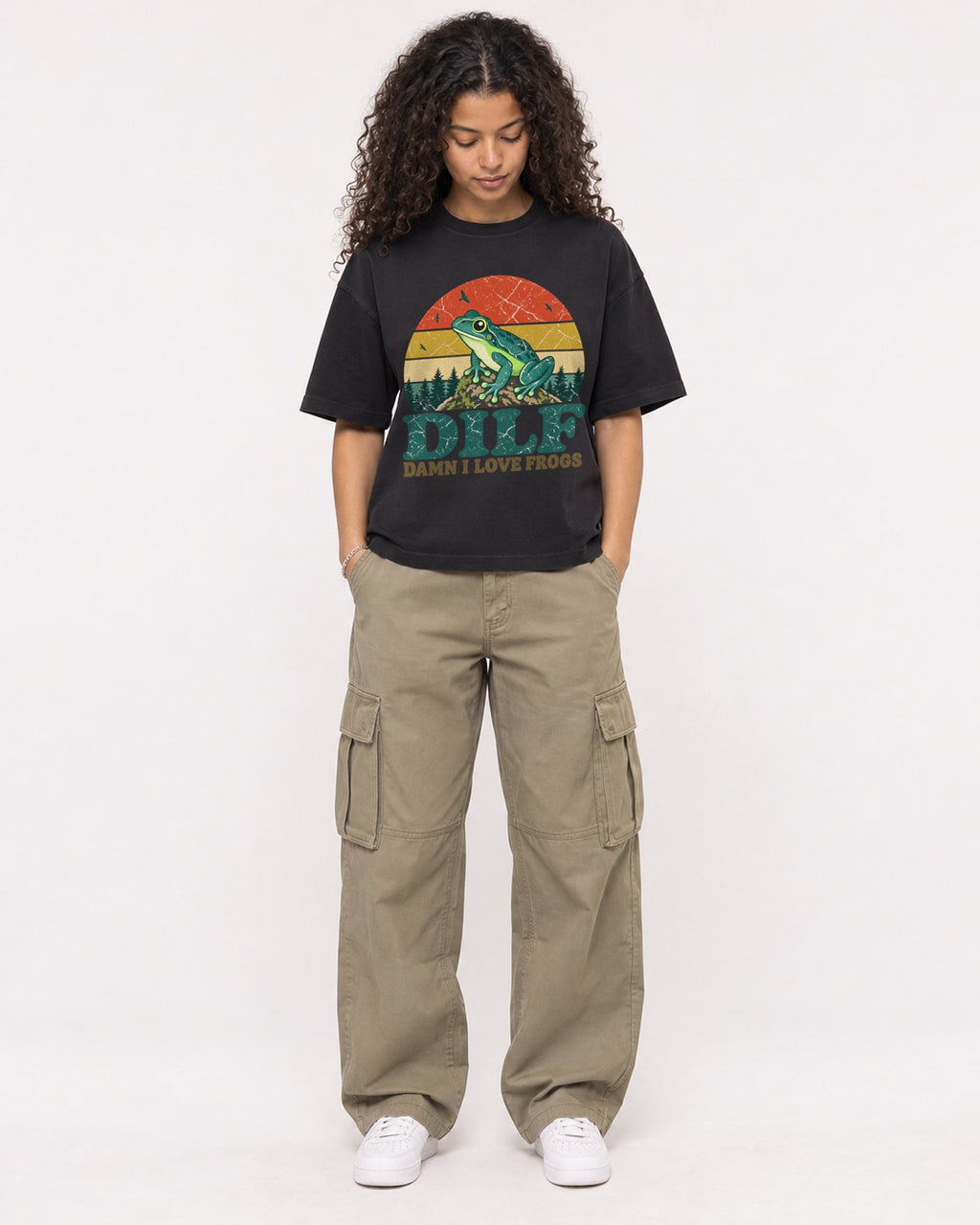 Mockup Boxy Heavyweight Tee Black female full-body 10