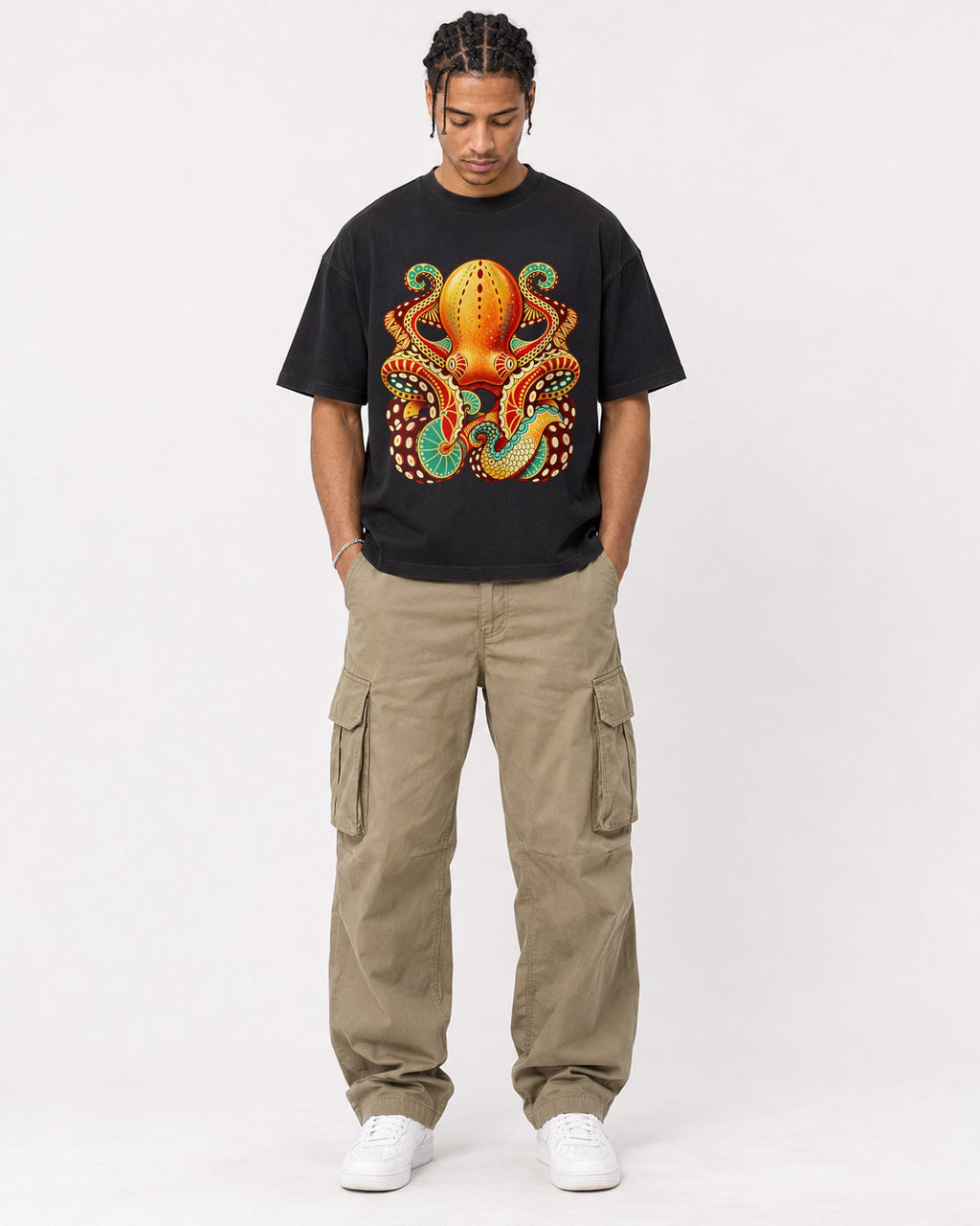 Mockup Boxy Heavyweight Tee Black male full-body 40