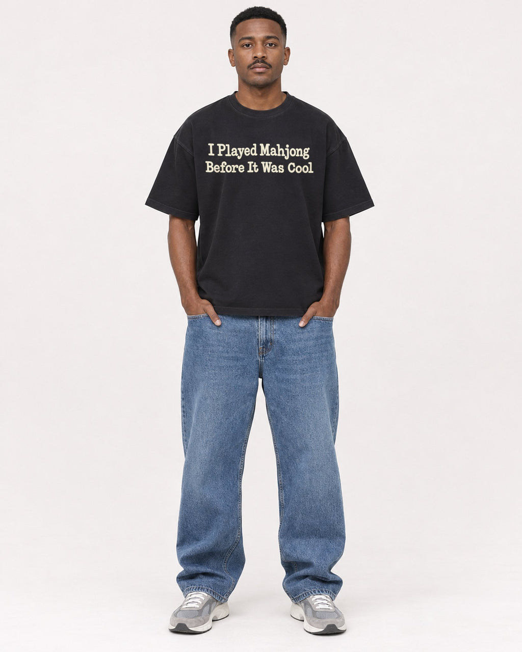 Mockup Boxy Heavyweight Tee Black male full-body 14