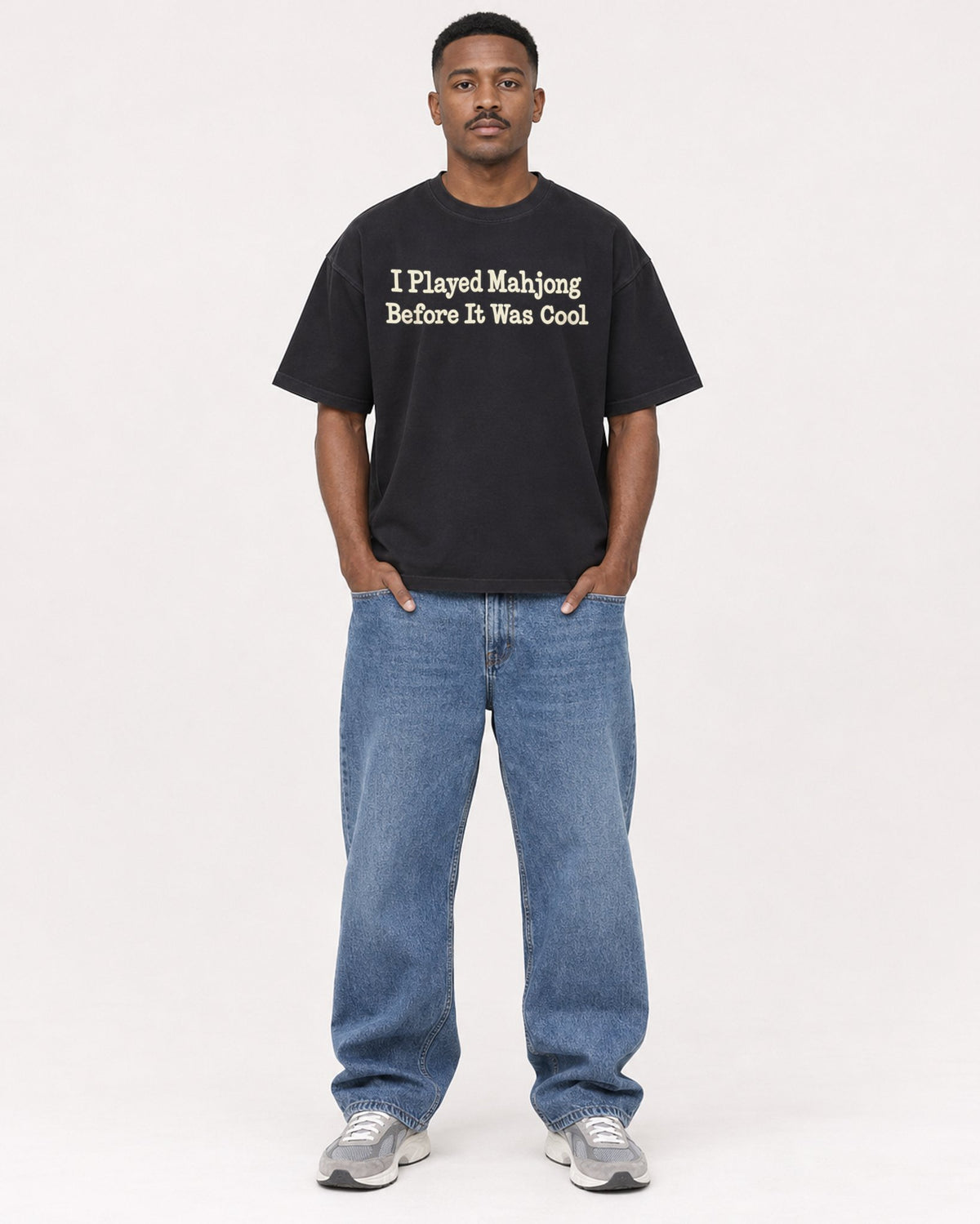 Mockup Boxy Heavyweight Tee Black male full-body 14