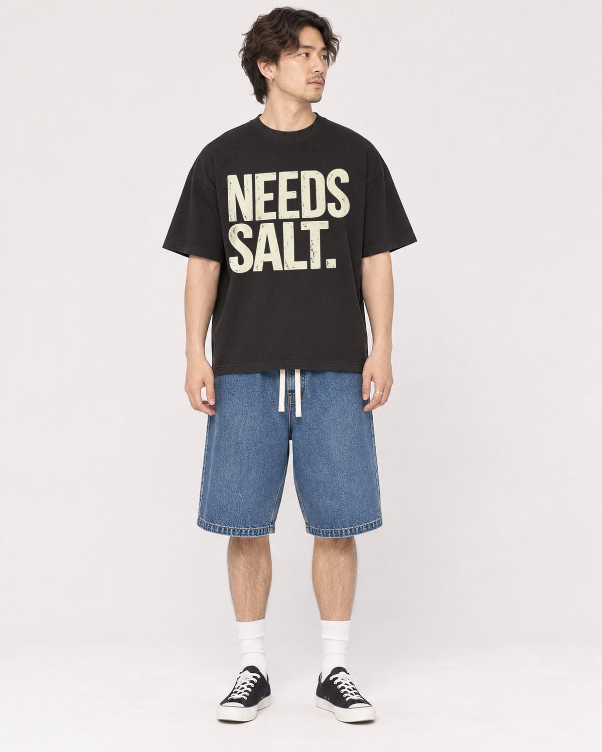 Mockup Boxy Heavyweight Tee Black male full-body 03