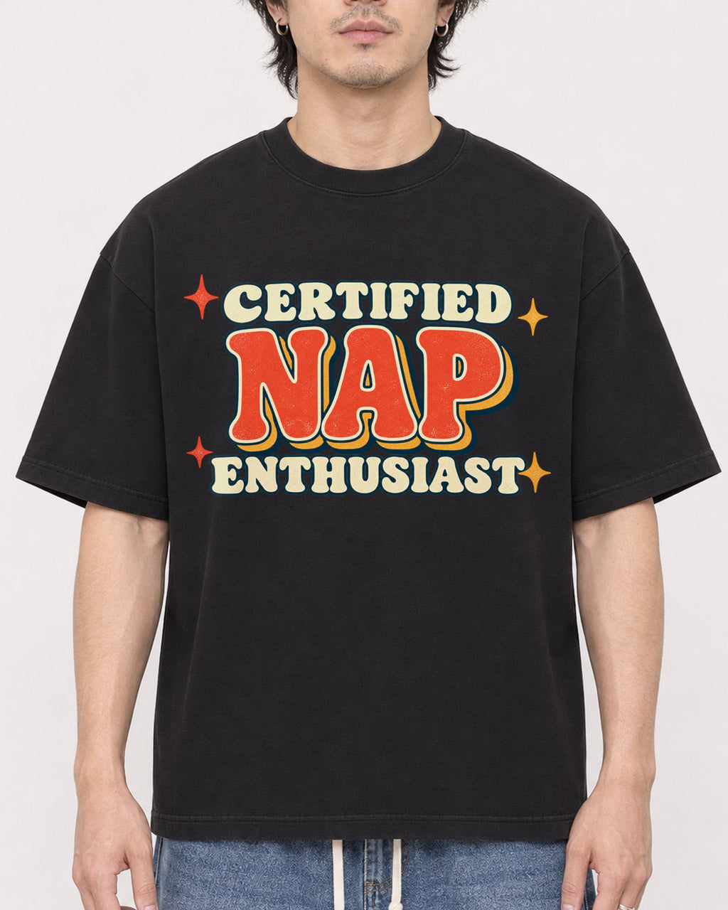 Mockup Boxy Heavyweight Tee Black male close-up 03