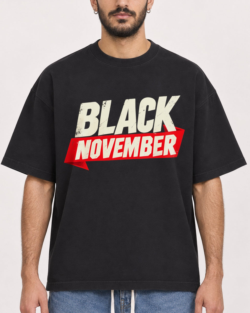 Mockup Boxy Heavyweight Tee Black male close-up 07