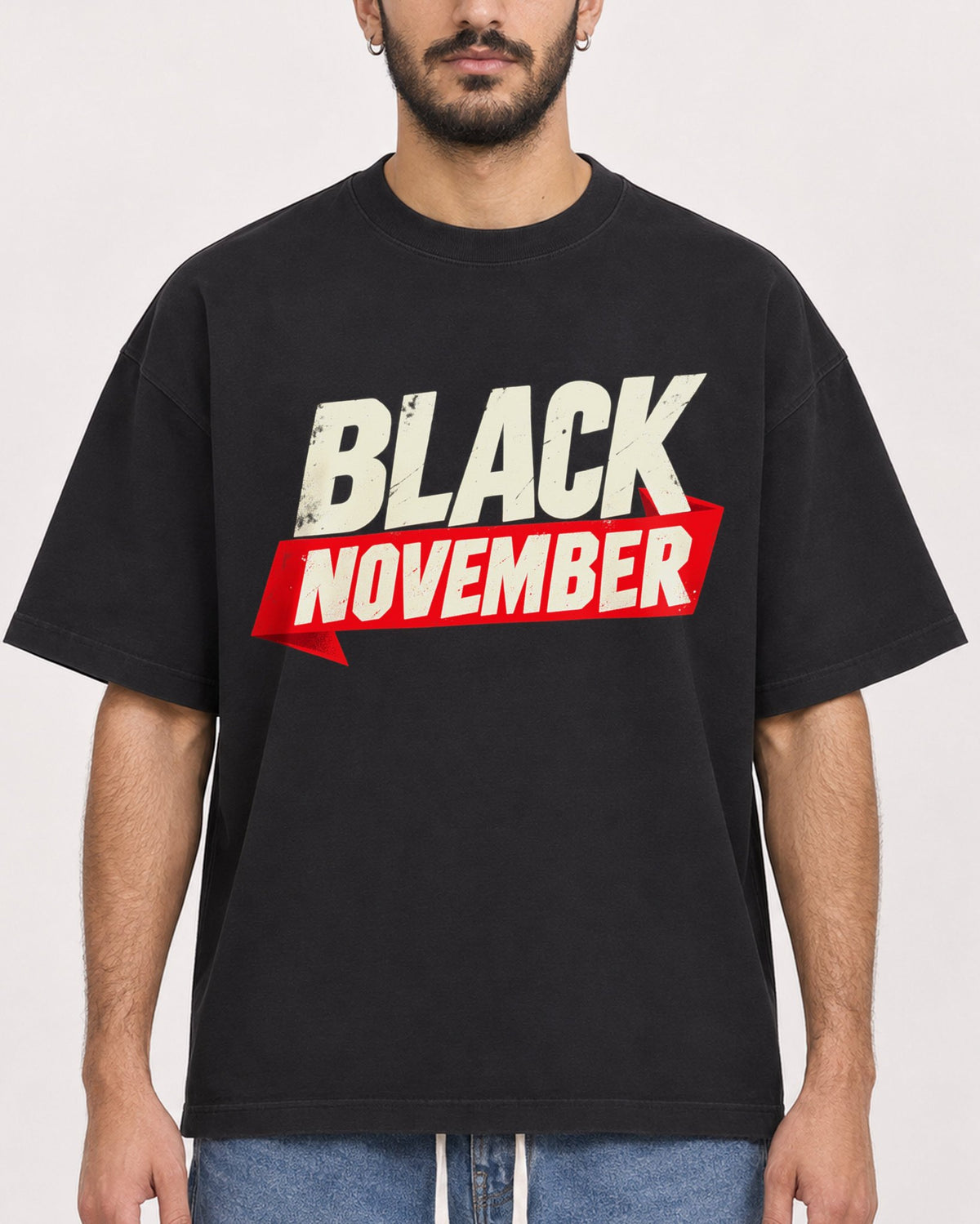 Mockup Boxy Heavyweight Tee Black male close-up 07