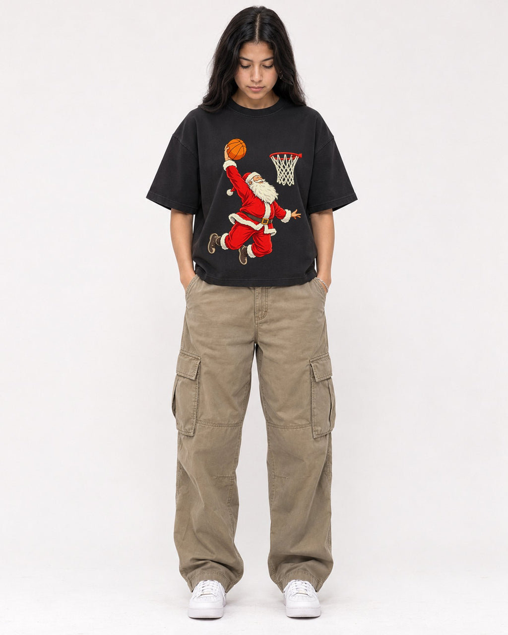 Mockup Boxy Heavyweight Tee Black female full-body 46