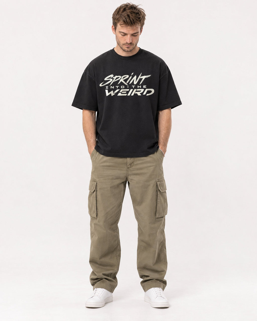 Mockup Boxy Heavyweight Tee Black male full-body 08