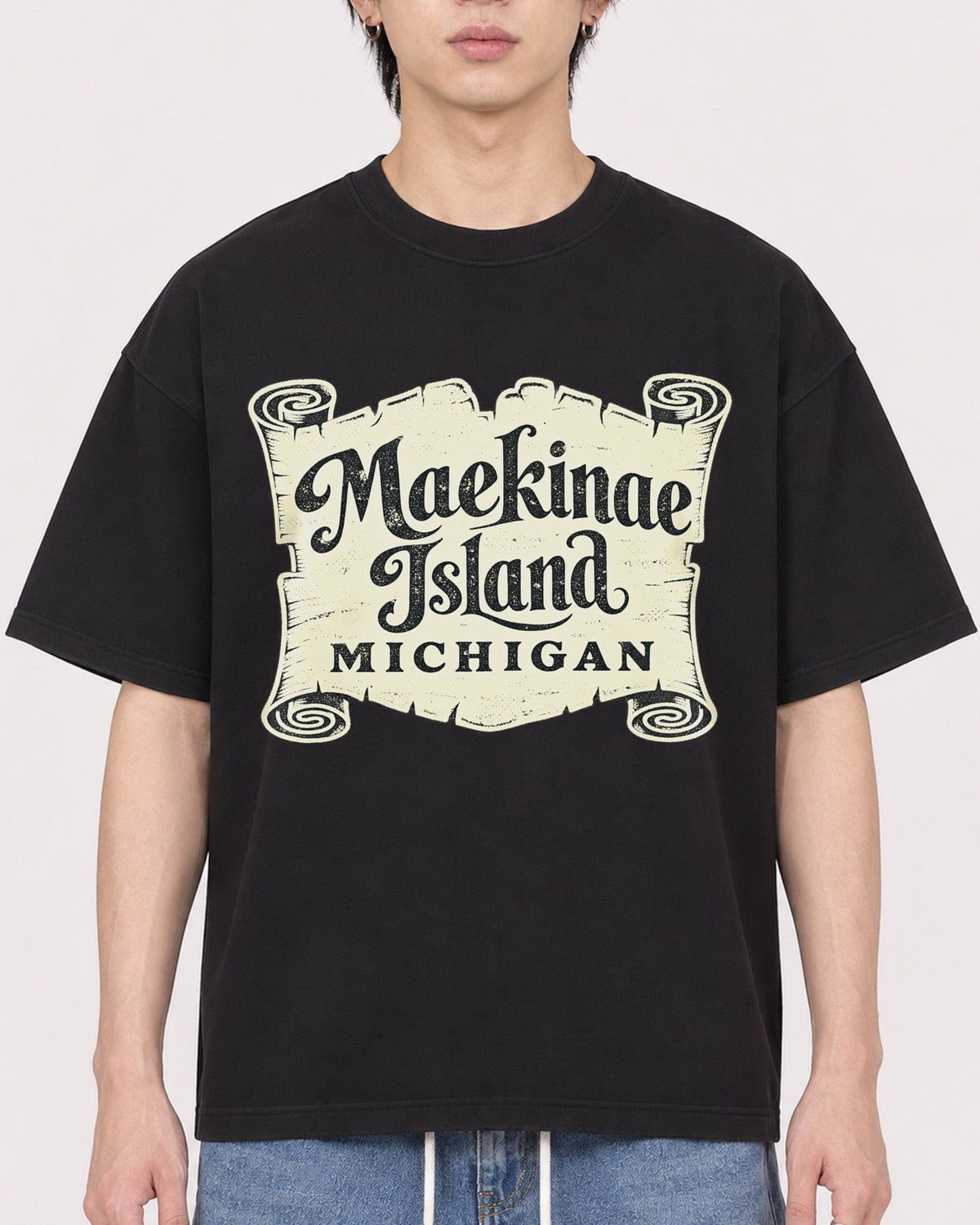 Mockup Boxy Heavyweight Tee Black male close-up 11
