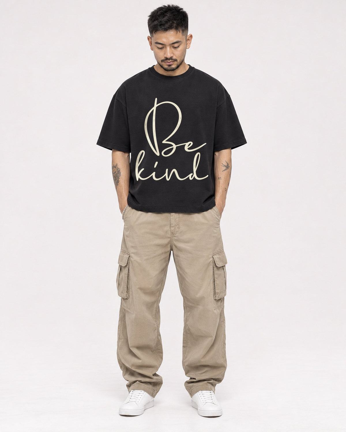 Mockup Boxy Heavyweight Tee Black male full-body 12