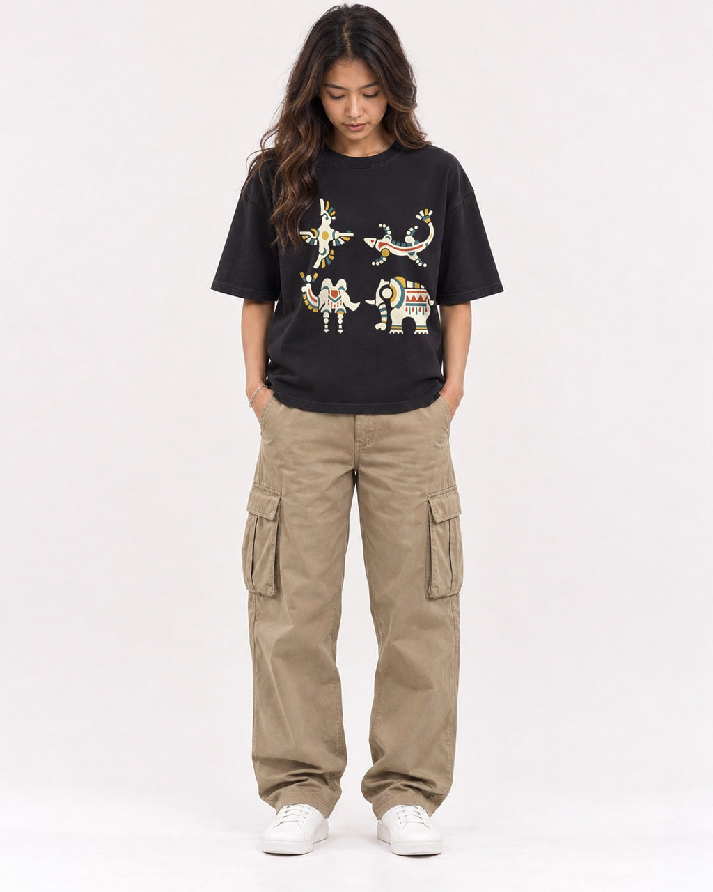 Mockup Boxy Heavyweight Tee Black female full-body 02
