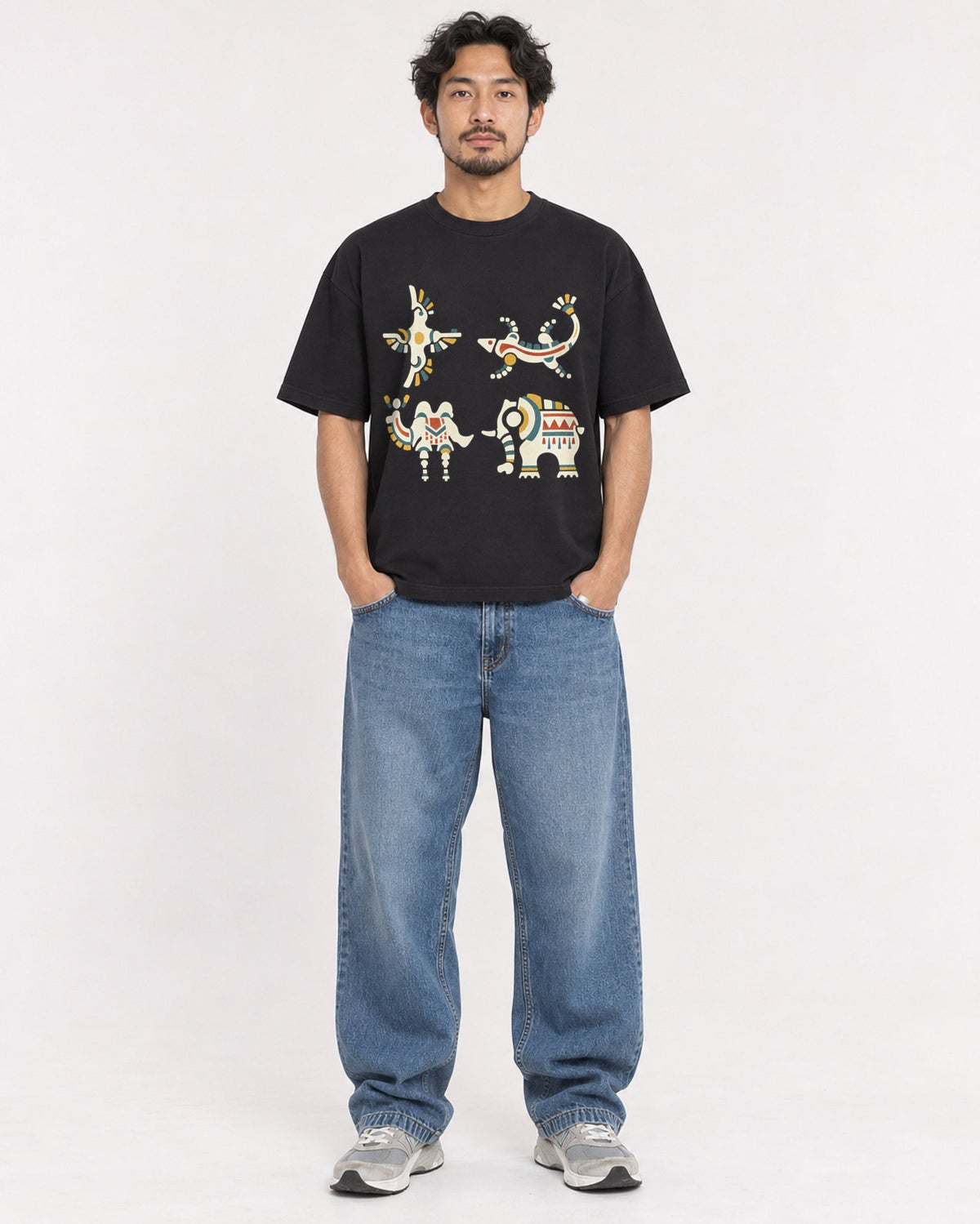 Mockup Boxy Heavyweight Tee Black male full-body 02