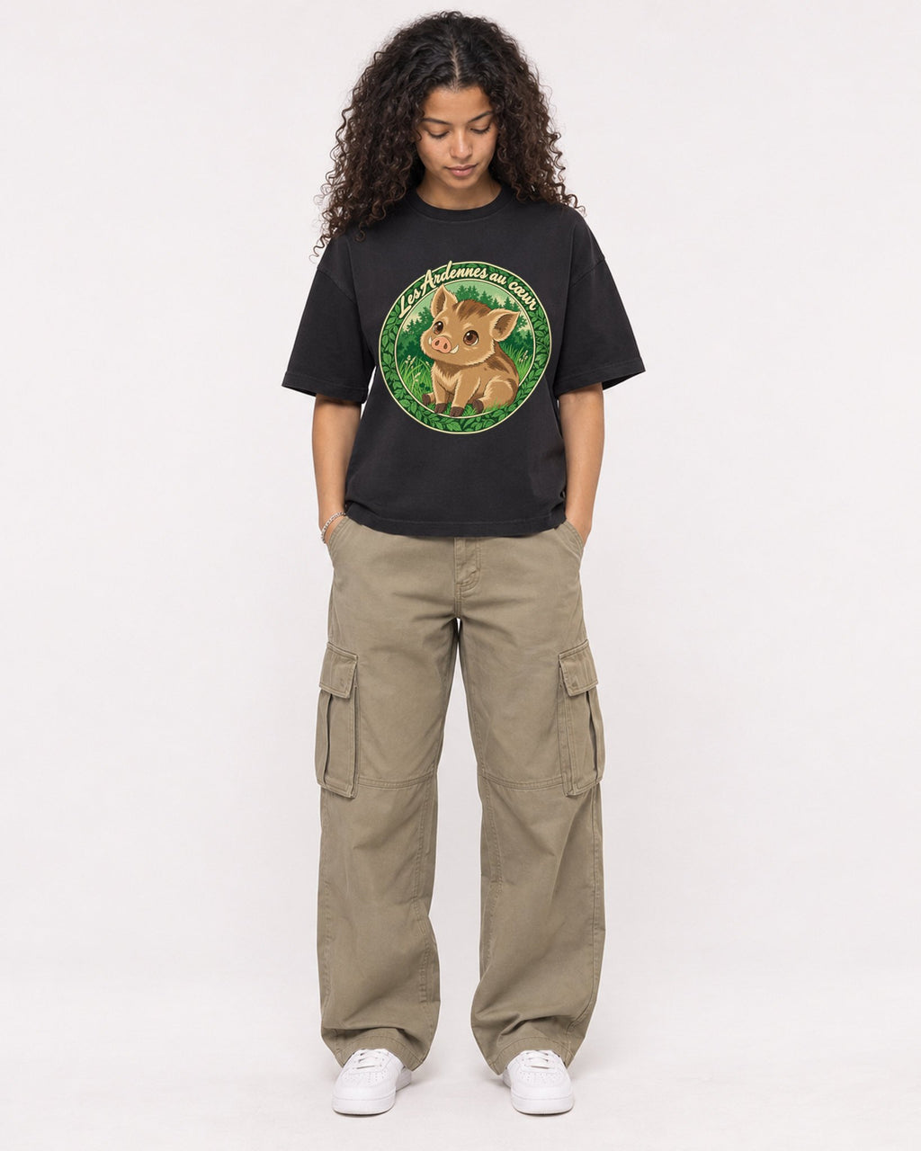 Mockup Boxy Heavyweight Tee Black female full-body 10