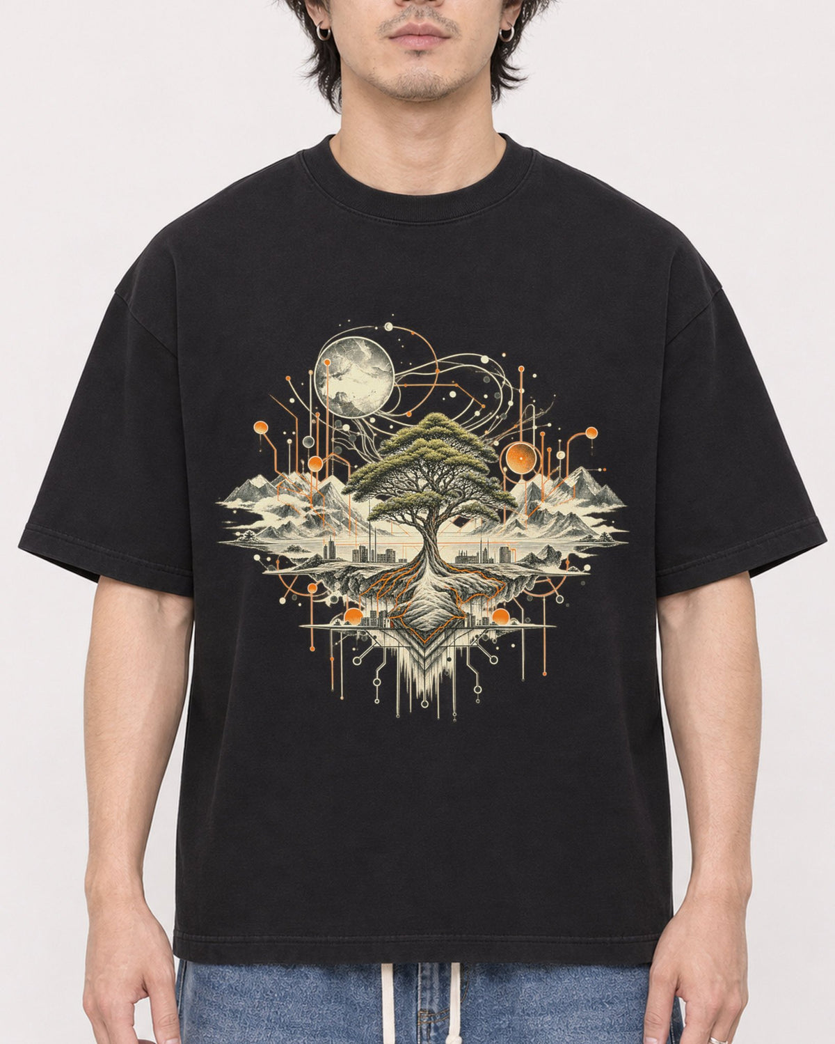 Mockup Boxy Heavyweight Tee Black male close-up 03
