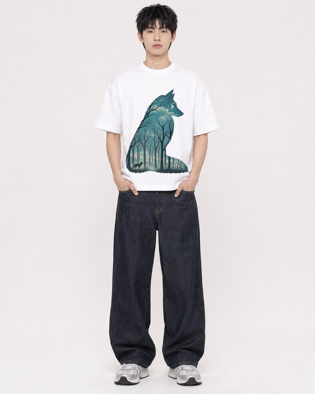 Mockup Boxy Heavyweight Tee White male full-body 01