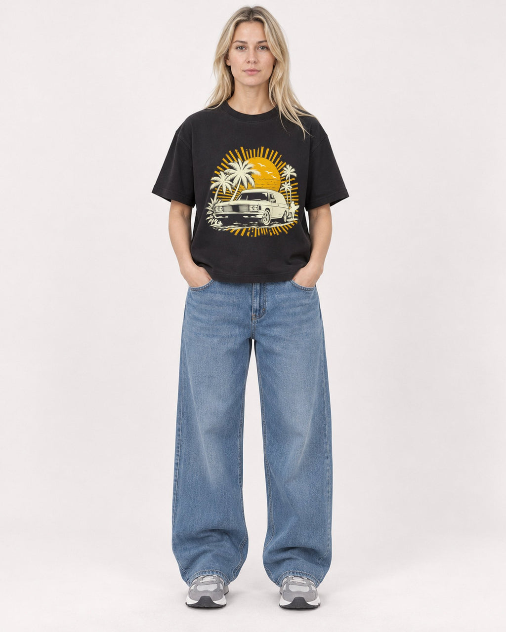 Mockup Boxy Heavyweight Tee Black female full-body 08