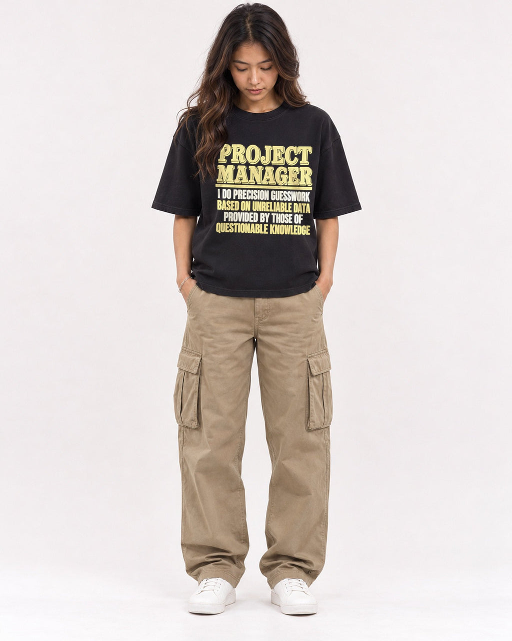 Mockup Boxy Heavyweight Tee Black female full-body 02