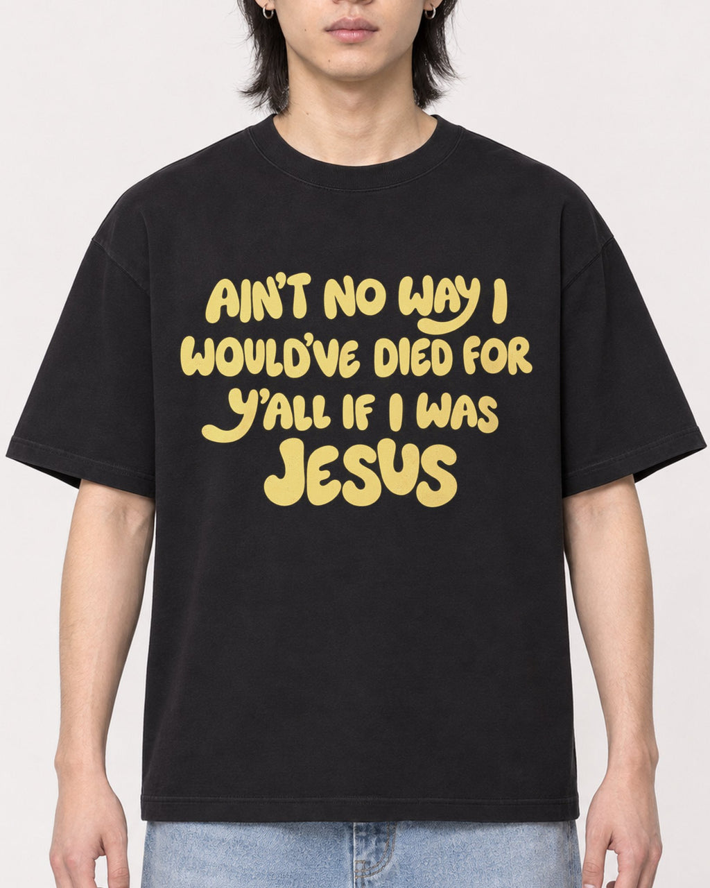 Mockup Boxy Heavyweight Tee Black male close-up 41