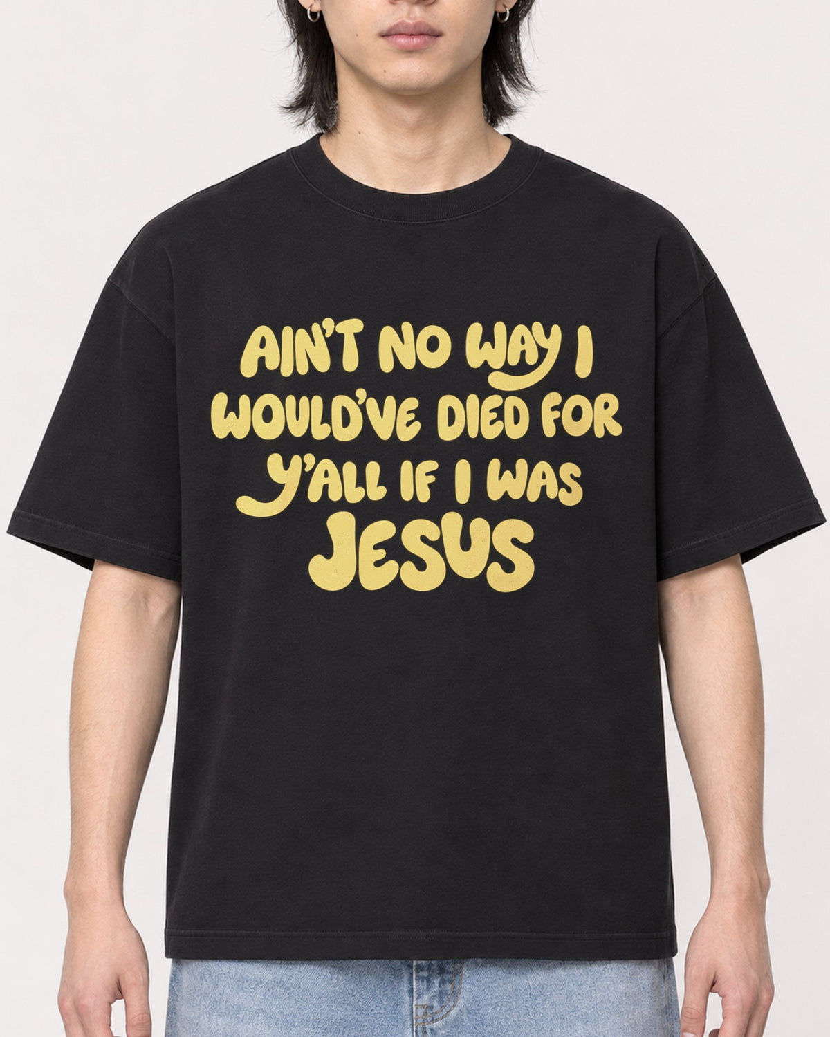 Mockup Boxy Heavyweight Tee Black male close-up 41