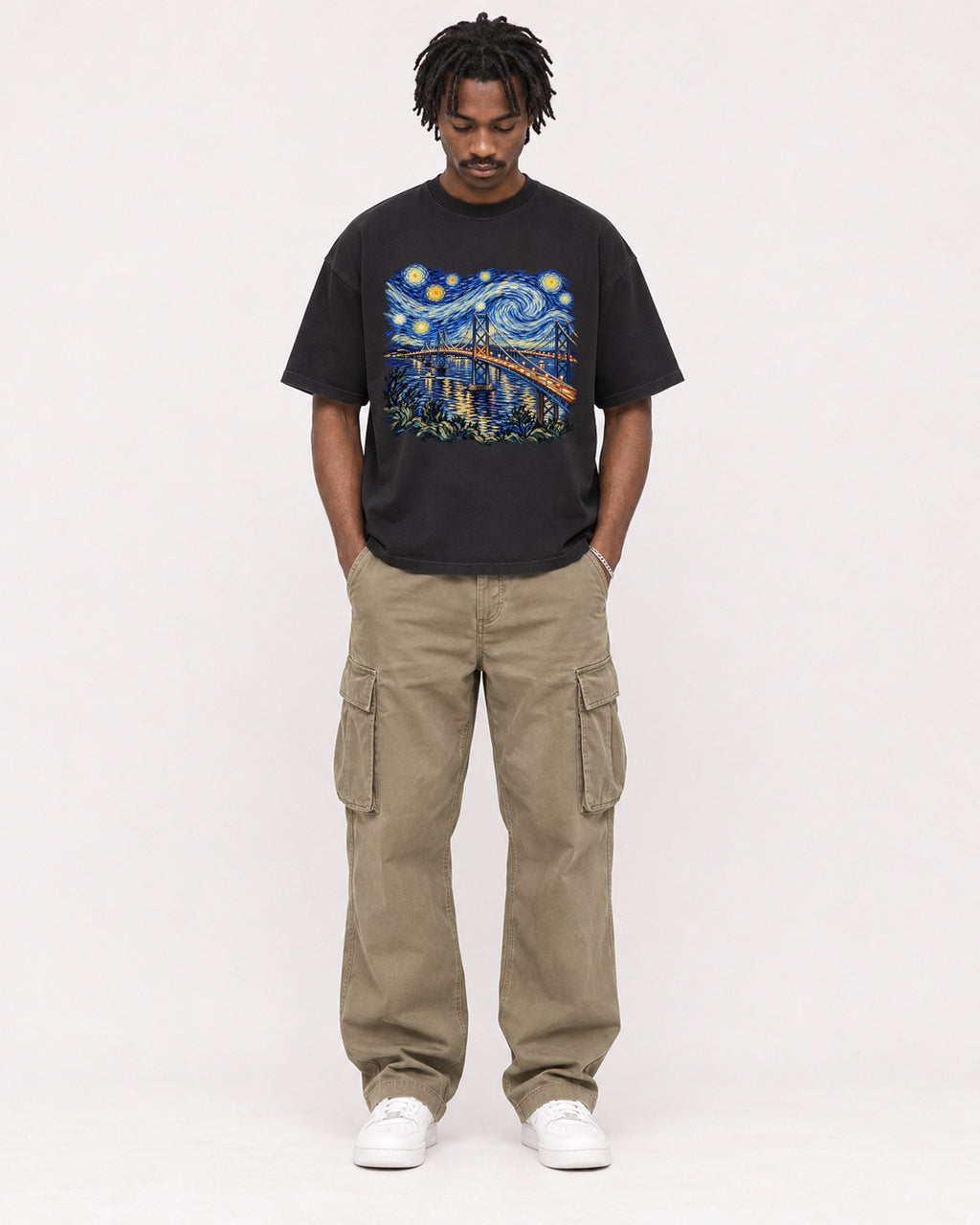 Mockup Boxy Heavyweight Tee Black male full-body 04
