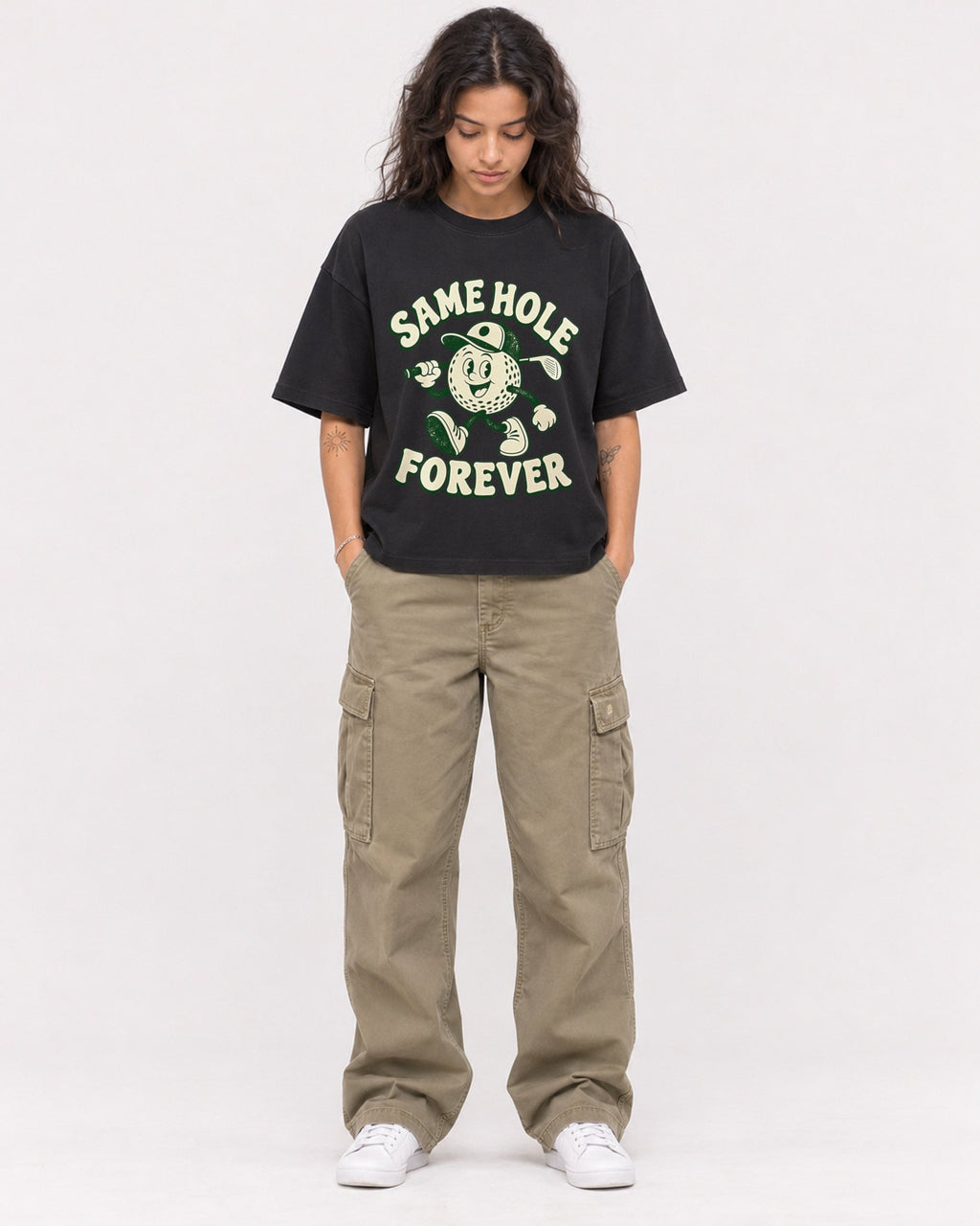 Mockup Boxy Heavyweight Tee Black female full-body 30