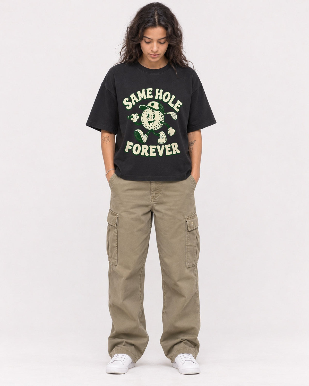 Mockup Boxy Heavyweight Tee Black female full-body 30