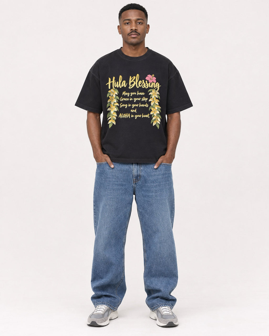 Mockup Boxy Heavyweight Tee Black male full-body 14