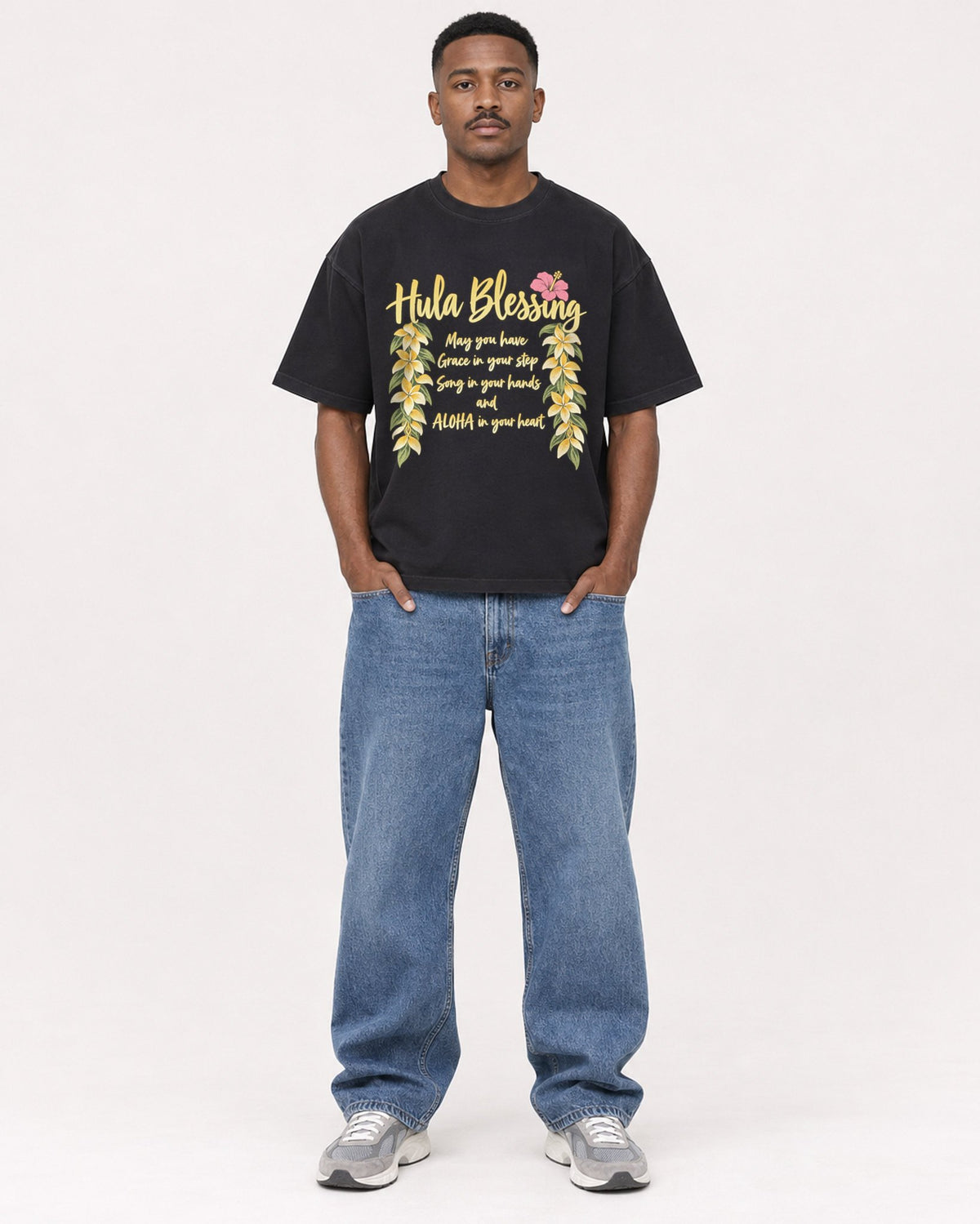 Mockup Boxy Heavyweight Tee Black male full-body 14