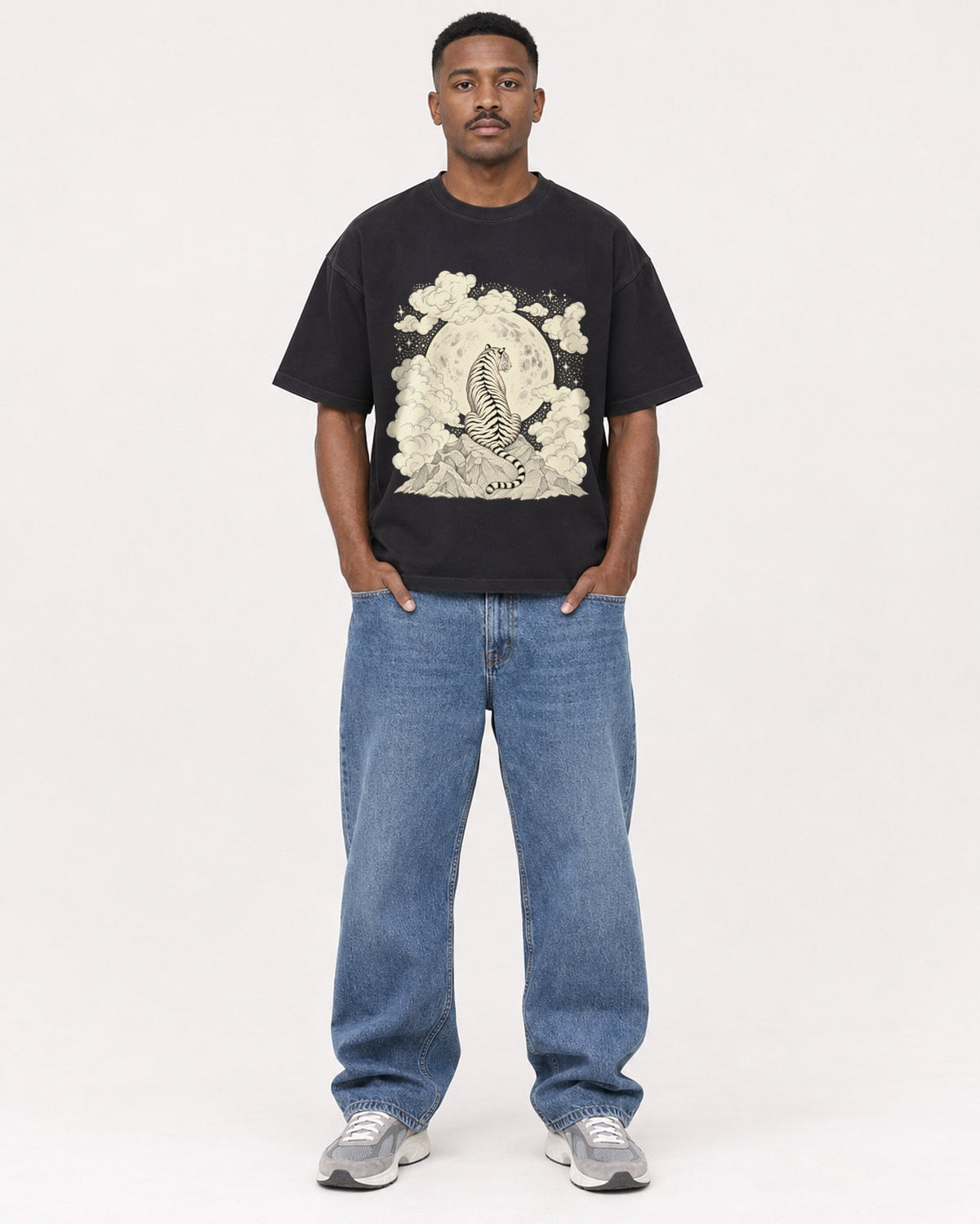 Mockup Boxy Heavyweight Tee Black male full-body 14