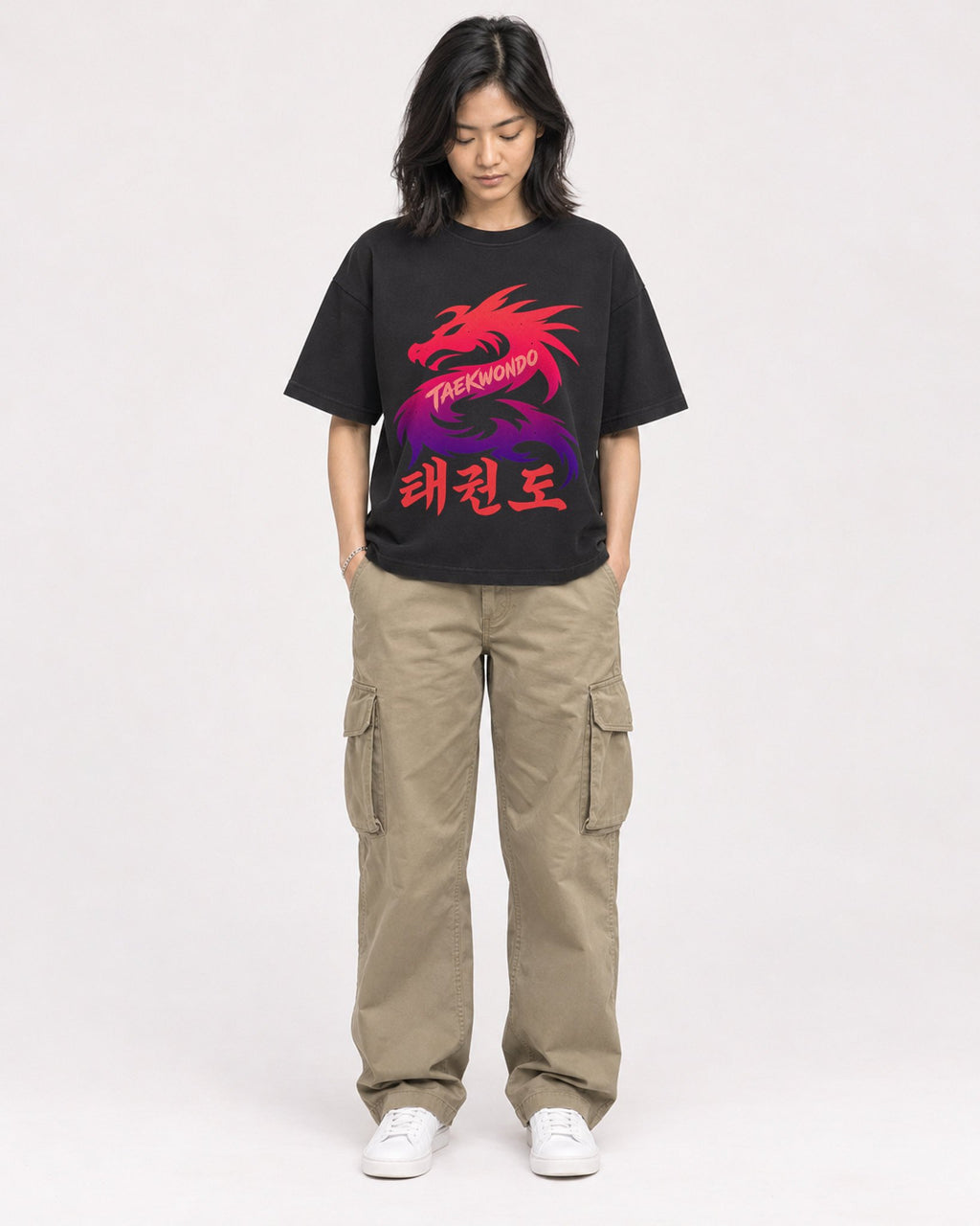 Mockup Boxy Heavyweight Tee Black female full-body 22