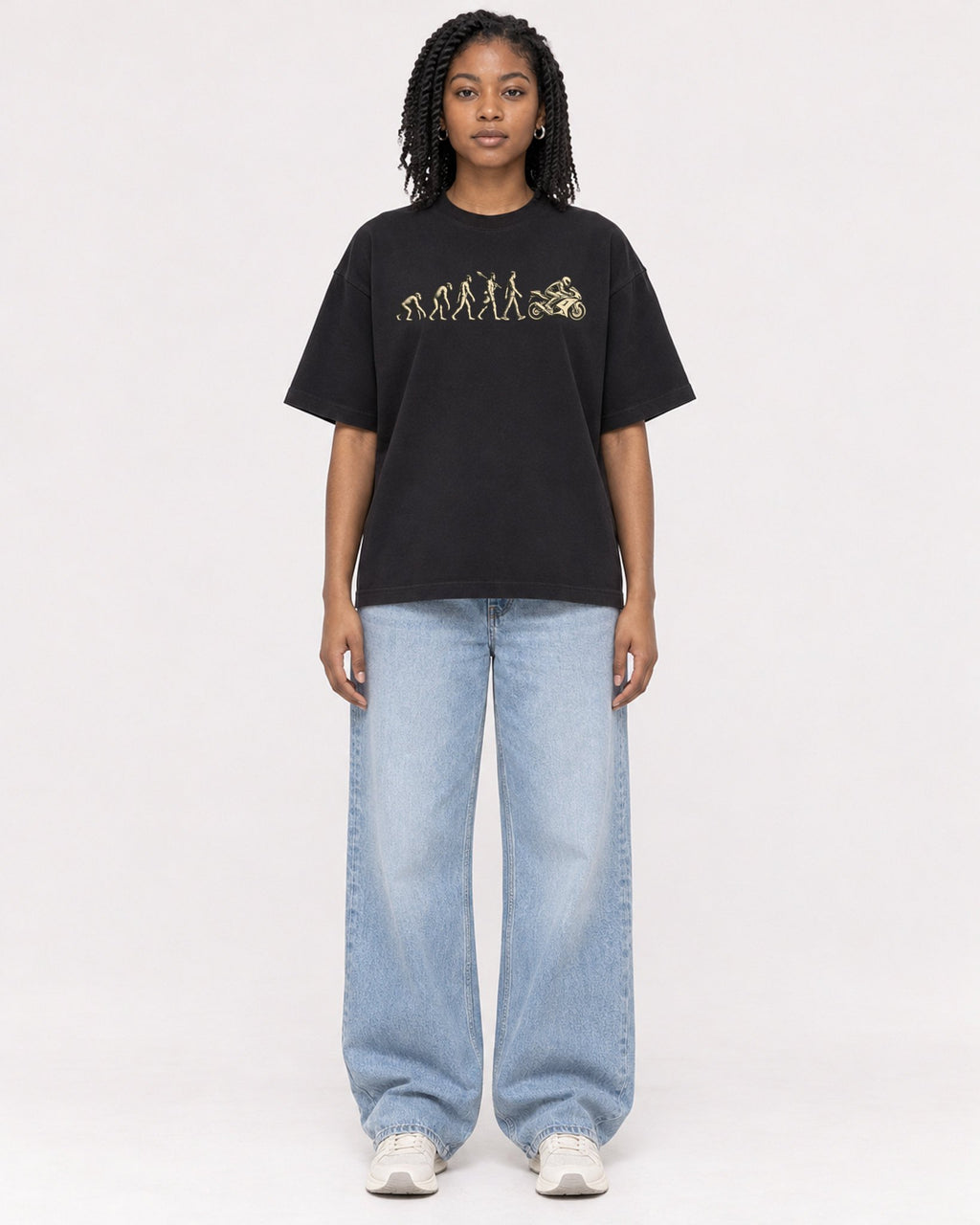 Mockup Boxy Heavyweight Tee Black female full-body 15
