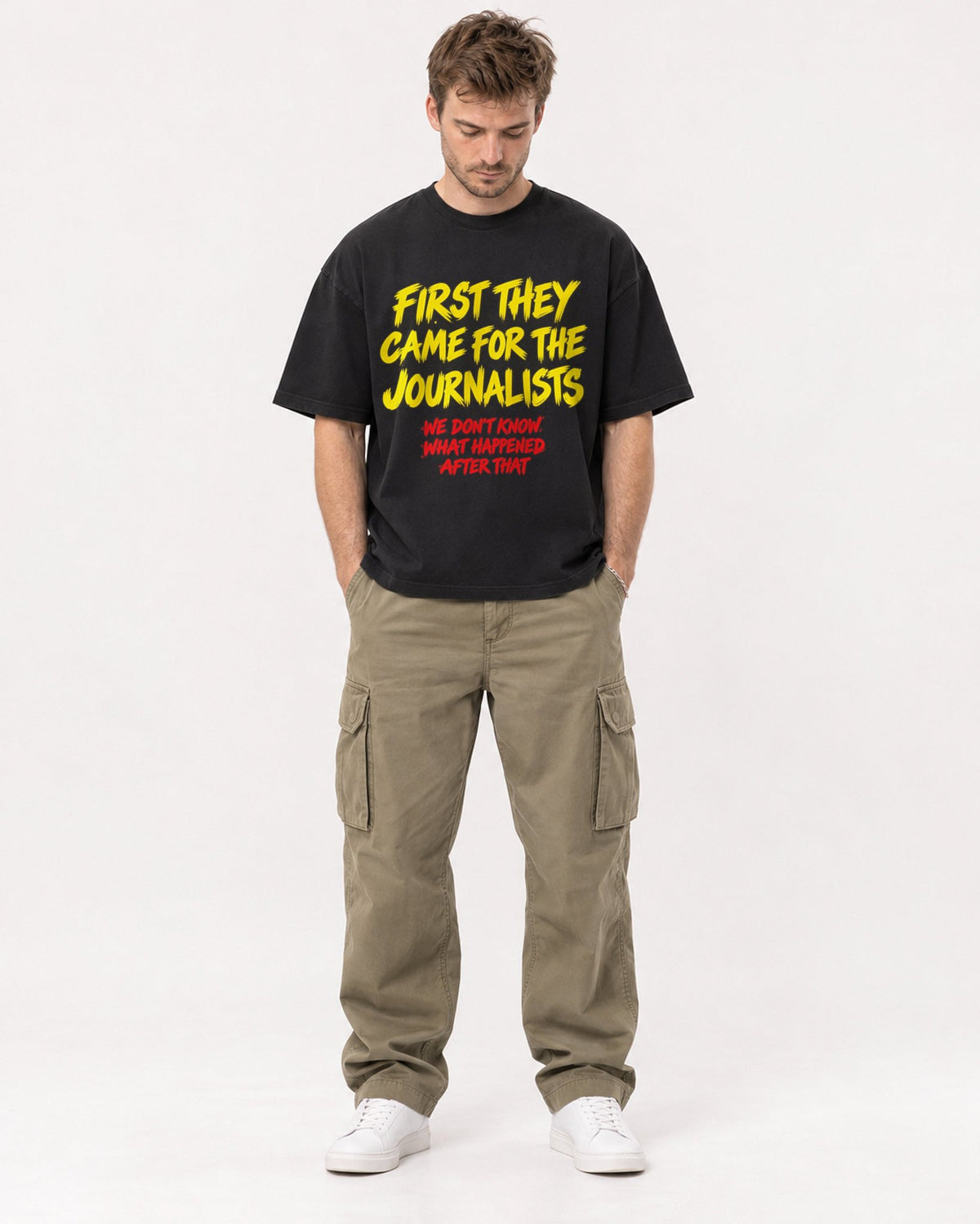 Mockup Boxy Heavyweight Tee Black male full-body 08