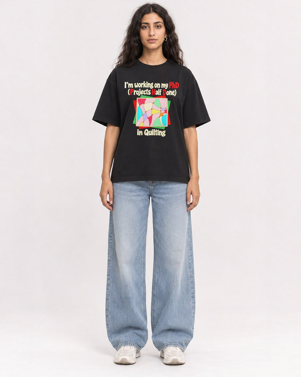 Mockup Boxy Heavyweight Tee Black female full-body 07