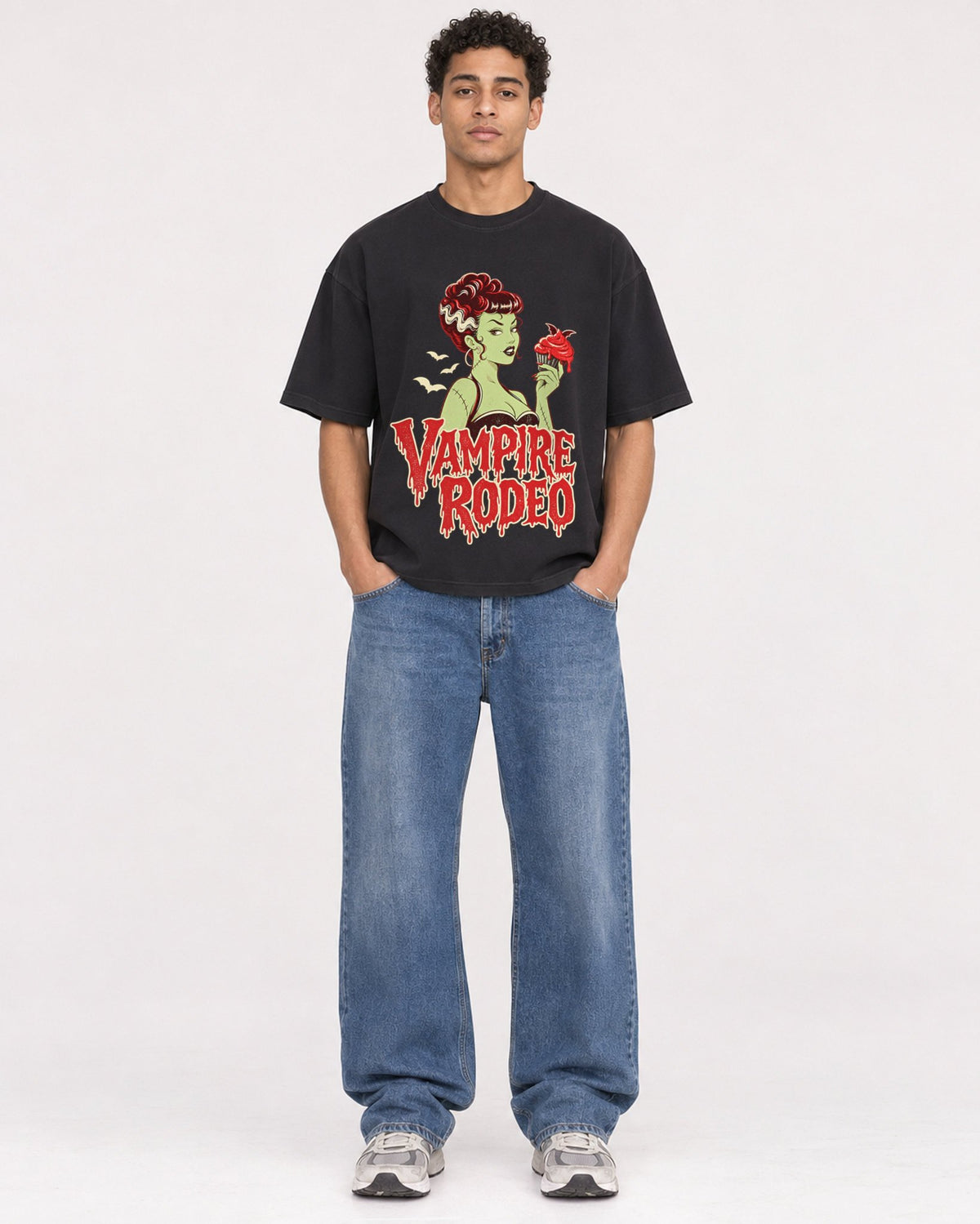 Mockup Boxy Heavyweight Tee Black male full-body 10